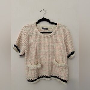 Anthropologie Tweed Sweater Blouse Sz XL Pink Soft Girl Preppy Academia Spring
